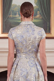 Jacquard A Line Dusty Blue Midi Mum of the Bride Dress with Sash