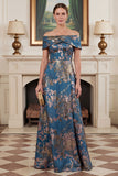 Navy Off the Shoulder Jacquard A Line Mum of the Bride Dress