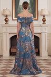 Navy Off the Shoulder Jacquard A Line Mum of the Bride Dress