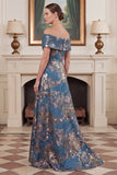 Navy Off the Shoulder Jacquard A Line Mum of the Bride Dress