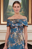 Navy Off the Shoulder Jacquard A Line Mum of the Bride Dress