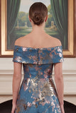 Navy Off the Shoulder Jacquard A Line Mum of the Bride Dress