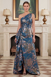One Shoulder Jacquard Navy Mum of the Bride Dress with Slit