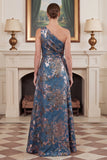 One Shoulder Jacquard Navy Mum of the Bride Dress with Slit