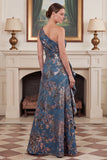 One Shoulder Jacquard Navy Mum of the Bride Dress with Slit