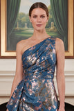 One Shoulder Jacquard Navy Mum of the Bride Dress with Slit