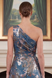 One Shoulder Jacquard Navy Mum of the Bride Dress with Slit