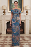 Sheath Off the Shoulder Navy Jacquard Mum of the Bride Dress