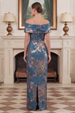 Sheath Off the Shoulder Navy Jacquard Mum of the Bride Dress