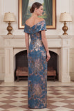 Sheath Off the Shoulder Navy Jacquard Mum of the Bride Dress