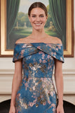 Sheath Off the Shoulder Navy Jacquard Mum of the Bride Dress