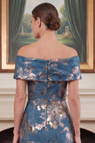 Sheath Off the Shoulder Navy Jacquard Mum of the Bride Dress