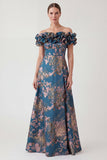 Jacquard Off the Shoulder Ruffled Navy Mum of the Bride Dress