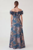 Jacquard Off the Shoulder Ruffled Navy Mum of the Bride Dress