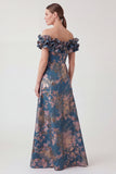 Jacquard Off the Shoulder Ruffled Navy Mum of the Bride Dress
