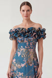 Jacquard Off the Shoulder Ruffled Navy Mum of the Bride Dress