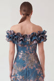 Jacquard Off the Shoulder Ruffled Navy Mum of the Bride Dress