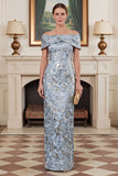 Off the Shoulder Sheath Jacquard Blue Mum of the Bride Dress