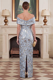 Off the Shoulder Sheath Jacquard Blue Mum of the Bride Dress