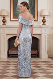 Off the Shoulder Sheath Jacquard Blue Mum of the Bride Dress
