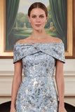 Off the Shoulder Sheath Jacquard Blue Mum of the Bride Dress