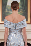 Off the Shoulder Sheath Jacquard Blue Mum of the Bride Dress