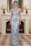 Sheath Jacquard Blue Mum of the Bride Dress with Cap Sleeves