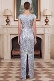 Sheath Jacquard Blue Mum of the Bride Dress with Cap Sleeves