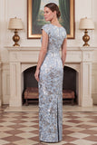 Sheath Jacquard Blue Mum of the Bride Dress with Cap Sleeves