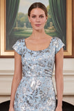 Sheath Jacquard Blue Mum of the Bride Dress with Cap Sleeves