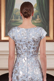 Sheath Jacquard Blue Mum of the Bride Dress with Cap Sleeves