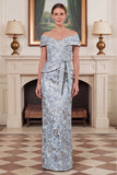 Off the Shoulder Sheath Blue Jacquard Mum of the Bride Dress with Sash
