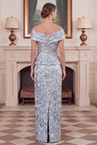 Off the Shoulder Sheath Blue Jacquard Mum of the Bride Dress with Sash