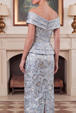 Off the Shoulder Sheath Blue Jacquard Mum of the Bride Dress with Sash