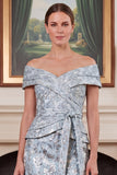 Off the Shoulder Sheath Blue Jacquard Mum of the Bride Dress with Sash
