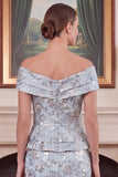 Off the Shoulder Sheath Blue Jacquard Mum of the Bride Dress with Sash