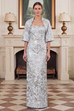2 Piece Blue Strapless Sheath Jacquard Mum of the Bride Dress with Cape