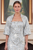 2 Piece Blue Strapless Sheath Jacquard Mum of the Bride Dress with Cape
