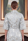 2 Piece Blue Strapless Sheath Jacquard Mum of the Bride Dress with Cape