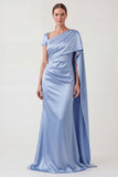 Mermaid Ruched Blue Mum of the Bride Dress with Cape Sleeve