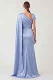 Mermaid Ruched Blue Mum of the Bride Dress with Cape Sleeve