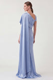 Mermaid Ruched Blue Mum of the Bride Dress with Cape Sleeve