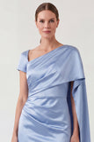Mermaid Ruched Blue Mum of the Bride Dress with Cape Sleeve