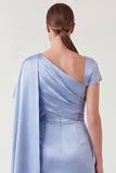 Mermaid Ruched Blue Mum of the Bride Dress with Cape Sleeve