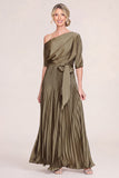 Olive Pleated One Shoulder Mum of the Bride Dress with Half Sleeves