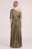 Olive Pleated One Shoulder Mum of the Bride Dress with Half Sleeves