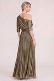 Olive Pleated One Shoulder Mum of the Bride Dress with Half Sleeves