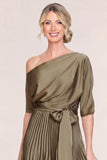 Olive Pleated One Shoulder Mum of the Bride Dress with Half Sleeves
