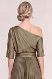 Olive Pleated One Shoulder Mum of the Bride Dress with Half Sleeves