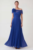 Off the Shoulder Royal Blue Pleated Long Mum of the Bride Dress with 3D Flower